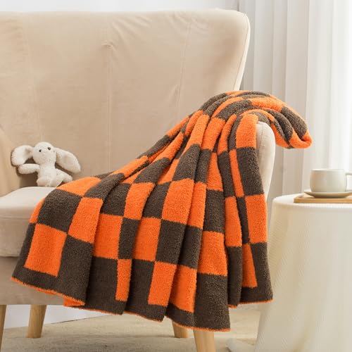 Carriediosa Checkered Throw Blanket 50" X 60", 400GSM Ultra Soft Microfiber Fuzzy Fluffy Reversible Cute Preppy Knitted Blankets Cozy Plush Fall Throws for Couch, Bed, Sofa, Burnt Orange - color: Check - Orange and Brown, size: 50" X 60"