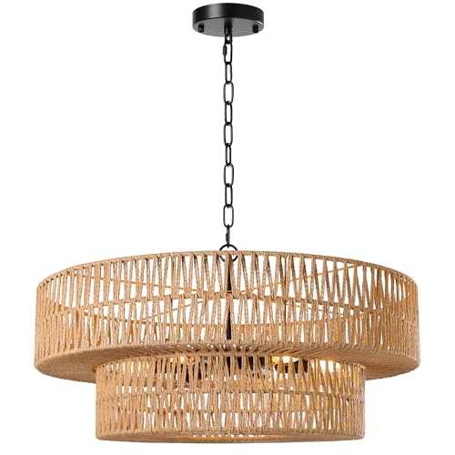 26 Inch Boho Rattan Chandelier, 6-Lights Hand Woven Bohemian Chandeliers with 2-Tier Drum Wicker Shade, Modern Farmhouse Large Pendant Light Fixture for Dining Room Living Entryway Bedroom - color: Black Metal, size: 26 Inch