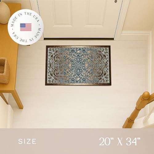 Maples Rugs Pelham Vintage Medallion Area Rugs - Made in USA - Washable, Non-Slip, Low Profile Indoor Rug for Entryway, Foyer, Kitchen, and Bathroom, 1'8 x 2'10, Blue/Walnut - color: Blue/Brown, size: 1'8" x 2'10" (Rectangular)