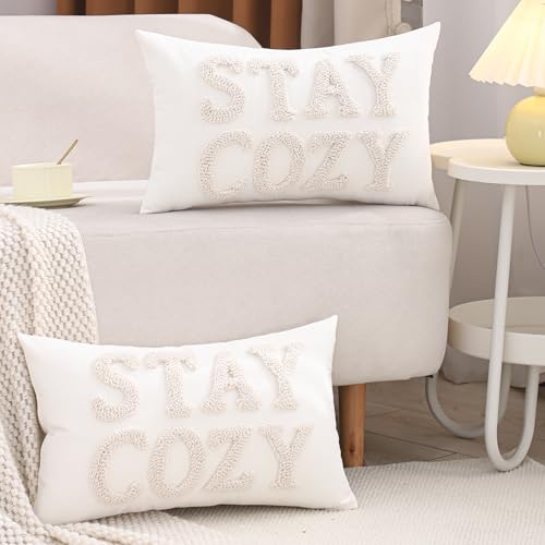 LUOYEHK Embroidered Stay Cozy Pillow Covers 12x20 Inch Decorative Throw Pillow Covers White Lumbar Pillow Cases Natural Farmhouse Cushion Covers for Couch Bed Living Room Home Spring Decor (1 Piece) - color: Stay Cozy, size: 20" x 12" (Pack of 1)
