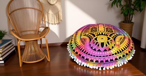 Round Mandala Floor Pillow Cover Seating Cushion Throw Cover Hippie Decorative Bohemian Ottoman Pouf Cover, Pom Pom Pillow Cases,Boho Indian 32 Inches Multi Hamsa - color: Multi Color, size: 32" Round