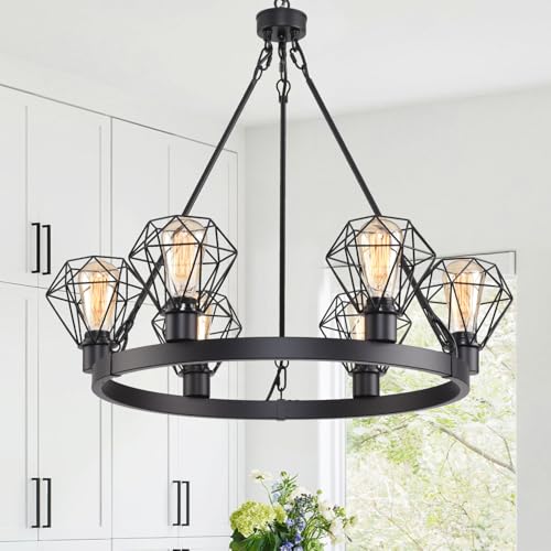 Wagon Wheel Chandelier Modern Farmhouse Pendant Light,Black Farmhouse Chandelier, 6-Light Wagon Wheel Chandelier with Adjustable Height, Dining Room Light Fixture, Hanging Lights - color: B