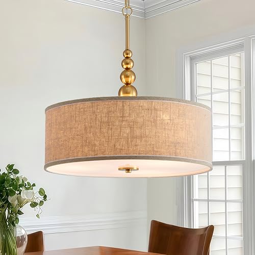 Shrine Lighting Drum Chandeliers, Farmhouse Style, Perfect Drum Pendant Light for Dining Room, D20'' x H7'', Adjustable Chains 59'', E26*3 Sockets, Beige Linen Fabric Lampshade & Gold Rod - color: Beige&Gold D20''