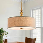 Shrine Lighting Drum Chandeliers, Farmhouse Style, Perfect Drum Pendant Light for Dining Room, D20'' x H7'', Adjustable Chains 59'', E26*3 Sockets, Beige Linen Fabric Lampshade & Gold Rod - color: Beige&Gold D20''