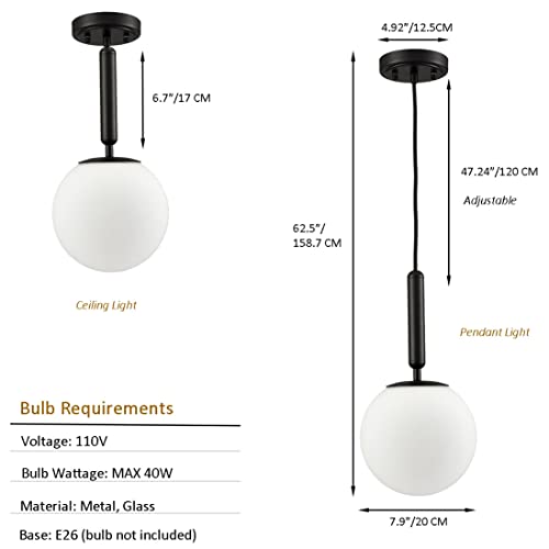 DIRYZON Modern Globe Pendant Lighting for Kitchen Island Black Hanging Ceiling Light Dining Pendant Chandelier Fixture with 7.9 Inches Milky White Frosted Lampshade - color: Black, size: 8 Inch-Hardwired