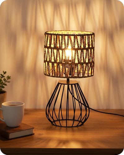 Rattan Table Lamp, Boho Table Lamp, Small Bedside Lamp, Handwoven Paper Lampshade, 2700K LED Bulb Included, Boho Desk Lamp, Modern Nightstand Lamp for Bedroom, Living Room, HW06TL05 - color: Mesh + Black