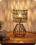 Rattan Table Lamp, Boho Table Lamp, Small Bedside Lamp, Handwoven Paper Lampshade, 2700K LED Bulb Included, Boho Desk Lamp, Modern Nightstand Lamp for Bedroom, Living Room, HW06TL05 - color: Mesh + Black