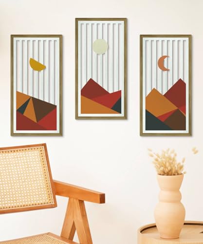 Putuo Decor Vintage Western Wall Art Set of 3, Abstract Geometric Framed Panels in Warm Earthy Hues and Bold Patterns, Rustic Western Wall Decor for Living Room Bedroom, MDF Framed Art - color: Warm Rustic Geometrics