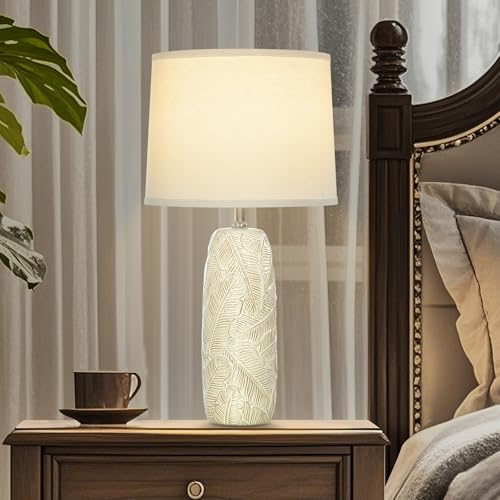 EUO 25” White Lamps Set of 2 for Living Room, Bedroom, Farmhouse Ceramic Table Lamps for Nightstand Set of 2, White Ceramic Lamps with Leaves Design - color: Leaves-WH