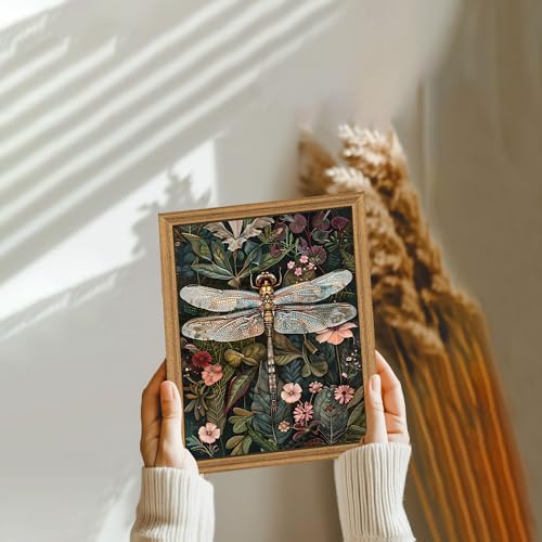 ICHZUMW William Morris Vintage Dragonfly Canvas Wall Art Framed, Green Botanical Wall Decor Pictures for Bedroom Living Room, Colorful Nature Painting Artwork Prints, Rustic Home Decorations, 8x10in - color: Dragonfly, size: 10"L x 8"W