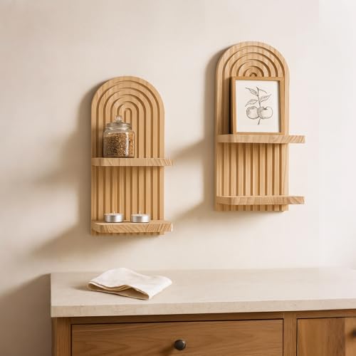 Artilady 2 Pack Floating Shelves for Wall Decor Boho Wood Hanging Shelf Plant Holder 2-Tier Trinket Storage Rack Rainbow Arch Home Decor for Bedroom Living Room Office Apartment - color: 2 Burlywood