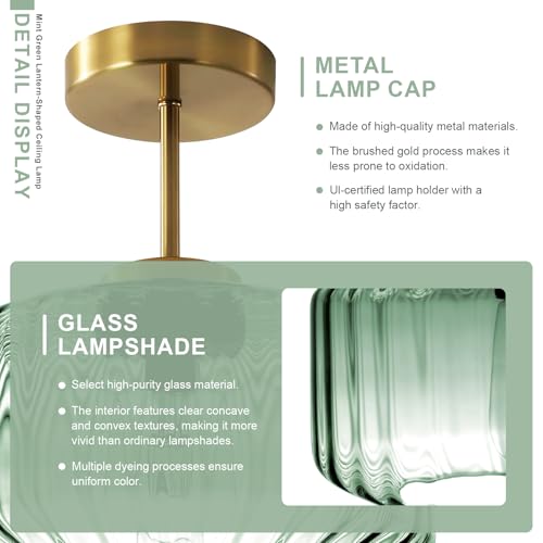 Sage Green Ribbed Glass Semi-Flush Mount Ceiling Light, 11.02" Modern Close to Ceiling Lamp, Gold Ceiling Light Fixture for Kitchen Bathroom Hallway - color: Mint Green, 1-Light