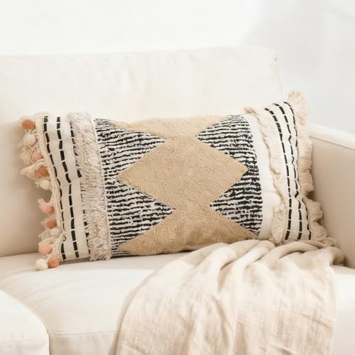 1Pc Boho Textured Lumbar Pillow Cover 12x 20, Diamond Woven Tufted Farmhouse Neutral Decorative Linen Pillow Cushion Case,Geometric Home Decor for Outdoor Couch Bedroom Car Black and White - color: Brown