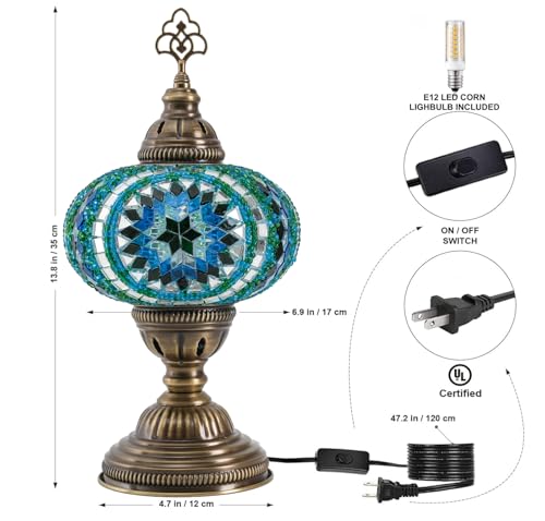 Turkish Mosaic Table Lamp with Bulb – Light Green Handmade Stained Glass Bedside Light, Authentic Turkish Boho Vintage Home Decor with E12 Socket - color: Light Green