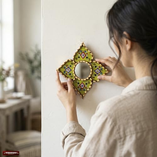 Peruvian Wall Mirror Lime Green Hand Painted Glass Diamond | Handmade decorative mirror, bronze leaf finish, unique artisan wall art, luxury home accents, square or diamond dual display - color: Green