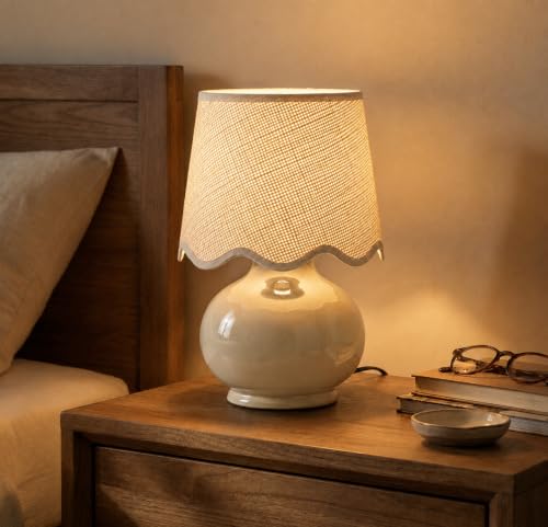 Benton Ceramic Table Lamp with Fabric Shade – 13" Bedside Accent Lamp for Bedroom, Living Room & Nightstand (Beige Cream) - color: Beige Cream
