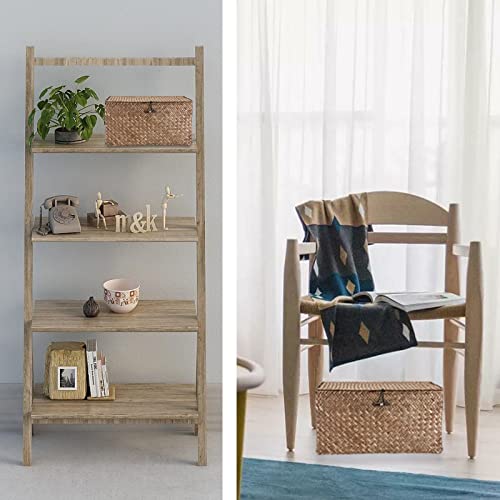 Hipiwe Wicker Shelf Baskets Bin with Lid, Handwoven Seagrass Basket Storage Bins Rectangular Household Basket Boxes for Shelf Wardrobe Home Organizer, Coffee Small - color: Coffee, size: Small