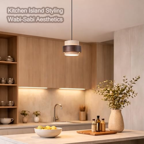 Natural Travertine Pendant Light, Modern Wabi-Sabi Hanging Lamp with Wood Accent, Minimalist Stone Ceiling Light Fixture for Kitchen Island, Dining Room, Cafe, Warm White LED Compatible