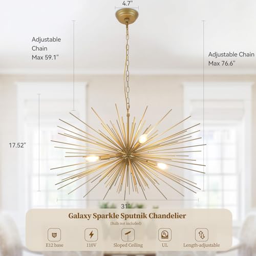 31in Modern Gold Sputnik Chandelier 4-Light Mid-Century Starburst Chandelier Light Fixture Over Table Large Satellite Chandeliers for Dining Room Foyer Entryway Kitchen Bedroom Living Room E12 - color: Golden 31" 4-Light