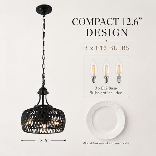 Farmhouse Chandeliers for Dining Room, 3-Light Rustic Ceiling Fixture with Twine Making Lampshade, Adjustable Height Chandelier for Bedroom, Kitchen, Bedroom (Balck) - color: Black, size: 3-Lights 12.6 in