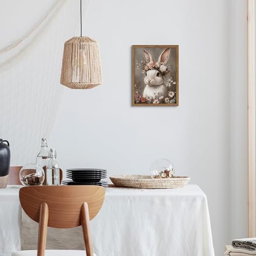 Framed Vintage Easter Bunny Wall Art, White Bunny with Flower Crown Canvas Prints, Cottage Farmhouse Animal Artwork, Rustic Easter Wall Decor for Kids Room Girls Bedroom Living Room 12x16in - color: Easter Bunny, size: 16"L x 12"W