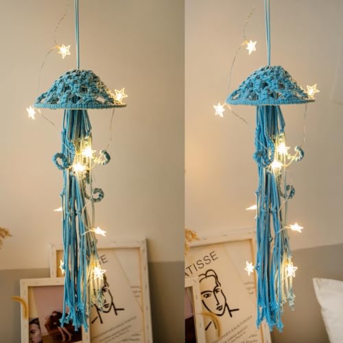 Macrame Wall Hanging,Jellyfish Dream Catcher with Star Lights,Bohemian Woven Wall Art Decor Beautiful Apartment Dorm Room Door Decoration (Blue) - color: Blue