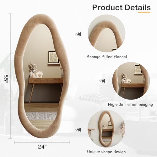 Honyee 55" x 24" Wall Mirror, Flannel Wrapped Wooden Frame Wavy Mirror, Irregular Mirror Hanging for Cloakroom/Bedroom/Living Room, Milk Tea - color: Milk Tea, size: 55"L x 24"W