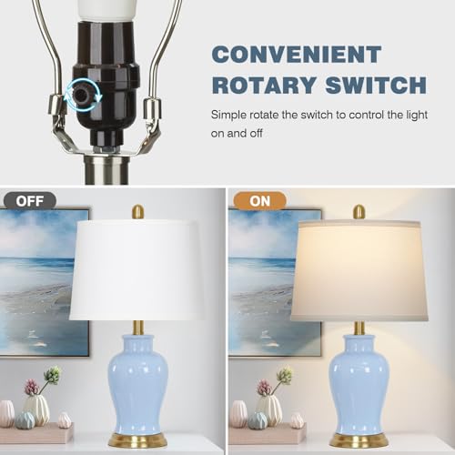 23" Modern Blue Ceramic Table Lamps Set of 2, Coastal Ceramic Lamps for Living Room, Classic Bedside Lamp with Ginger Jar Design, Elegant Bedroom Lamp for Night stand Desk Side End Table Home Decor - color: Blue