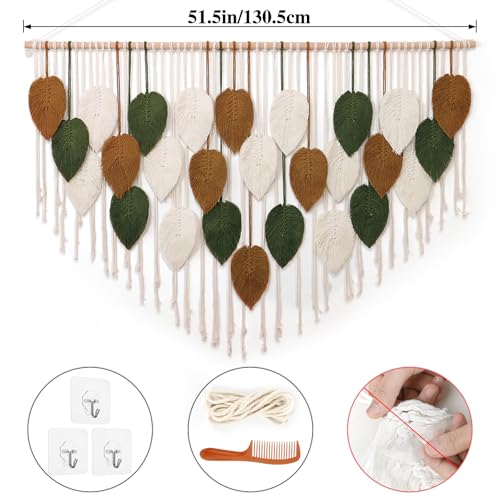 KHOYIME Large Macrame Wall Hanging Boho Woven Tapestry, Chic Home Decor Modern Bohemian Handmade Leaf Feather Wall Art Decorations for Apartment Living Room Bedroom Nursery Backdrop 51.5" W X 33.5" L - color: 51.5"W x 33.5"L