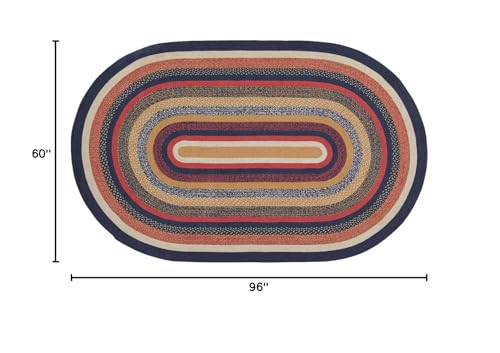 VHC Brands Stratton Primitive Jute Blue Striped Accent Rug Decor Oval w/Floor Pad 60"x96" - size: 60x96