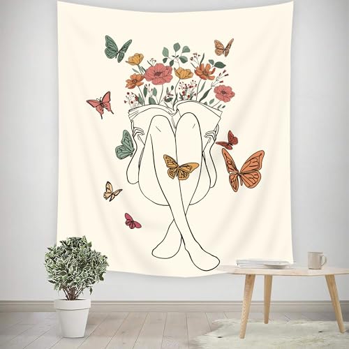 SVBright Abstract Woman Fabric Wall Hanging Tapestry 51Wx59H Inch Boho Butterfly Floral Reading Book Minimalist Aesthetic Modern Simple Line Sketch Beige Home Decor Art for Living Room Bedroom Dorm - color: Abstract Woman（Beige）, size: 59"L x 51"W
