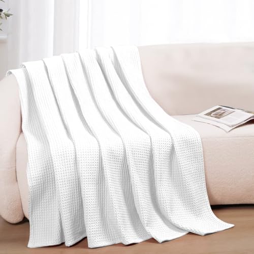 100% Cotton Blankets for Bed - Waffle Weave Blankets for Summer, Lightweight and Breathable Soft Woven Blanket for Spring (White, King (90" x 108")) - color: White, size: King (90" x 108")