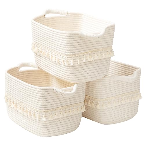 TeoKJ White Cotton Rope Baskets for Storage, Set of 3 Woven Clothes Basket for Organizing and Storage, Blanket Basket for Living Room Laundry Bathroom Shelves - color: White, size: 3 Pack