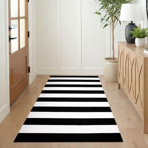 KILOCOCO Black White Striped Rug - 3'X5' Front Door Mat Outdoor, Welcome Mats Rugs Cotton Washable Front Porch Rug Layered Doormats for Kitchen Farmhouse Entryway - color: Black and White Stripe, size: 3' x 5' (Rectangular)