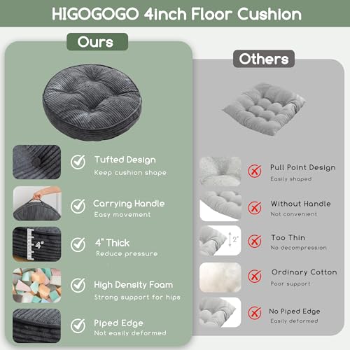 HIGOGOGO Floor Pillow Cushion for Adults, Meditation Cushion Pillow, Large Round Floor Sitting, Tufted Corduroy Cover, for Tatami Living Room or Yoga, 22x22 Inch, 2Pack, Dark Grey - color: Round Dark Grey, size: 4" Thick(Pack of 2)