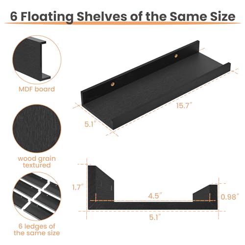upsimples Floating Shelves for Wall, Wall Shelves for Decor Storage Set of 6, Wall Mounted Wood Shelf for Bedroom, Living Room, Bathroom, Kitchen, Picture Ledge Shelf, Black - color: Black, size: 15.7in