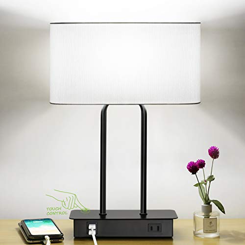 Bedside Touch Control Table Lamp with Dual USB Charging Ports 1 AC Outlet, 3 Way Dimmable Modern Nightstand Lamp with White Fabric Shade, Desk Lamp for Bedroom Living Room Office with 5000K LED Bulb - color: White