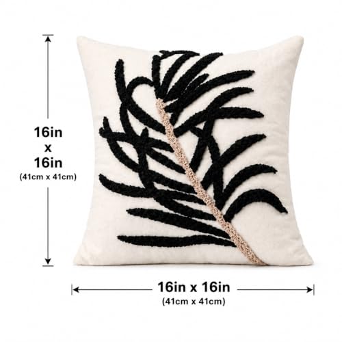 Coastal Growth Decorative Throw Pillow Cover | Tufted Botanical Design | Handmade Artisan Accent Pillow | Neutral Cream & Black Modern Organic Home Decor | 16in x16 in | Obsidian Reed