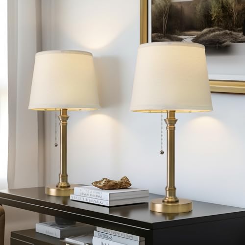 Oneach 19.5” Warm Gold Table Lamps Set of 2, Pull Chain Switch Bedside Table Lamps, Modern Nightstand Lamp with Linen Shade, Small Desk Lamp for Living Room, Bedroom, Home Office, Nursery - color: Warm Gold-2Pack