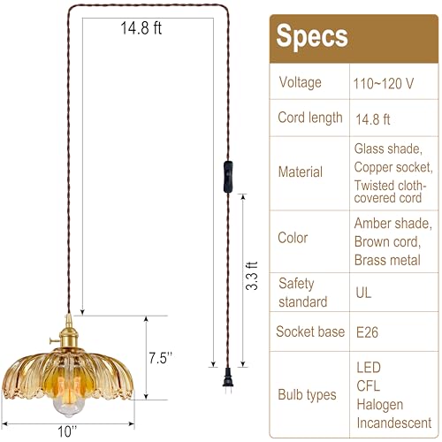 Plug-in Pendant Light Fixture, Hanging Light Fixture, Glass Pendant Light, Swag Lamp with Inline On/Off Switch for Kitchen Island, Bedroom, Dining Room, Living Room (Amber, 15 Ft Cord) - color: Amber, size: 15 ft