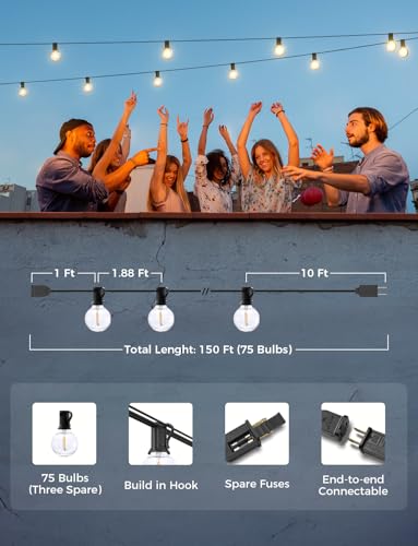 XMCOSY+ Smart Outdoor String Lights, 150Ft G40 Globe Patio Lights with 75 LED Bulbs, WiFi & APP Control, Work with Alexa, Extendable Waterproof Dimmable LED String Lights for Outside, Porch, Cafe - size: 150FT(75 Sockets)+Smart Controller