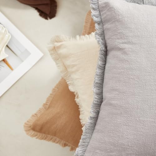 Sunday Praise Set of 2 Linen Fringe Decorative Pillow Covers 18x18 Inch Farmhouse Accent Boho Throw Pillow Cases with Tassels Cozy Soft Square Cushion Covers for Couch Sofa Bed Home Decor,Grey - color: Light Grey, size: 18" x 18" (Pack of 2)