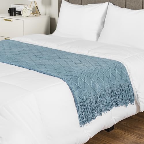 PAVILIA Dusty Blue Knit Throw Blanket for Couch Bed, Soft Knitted Farmhouse Sofa Throw for Living Room, Lightweight Decorative Summer Throw Blanket for Chair, Outdoor Textured Boho Blanket, 50x60 - color: Dusty Blue, size: 50 X 60 Inches - Throw