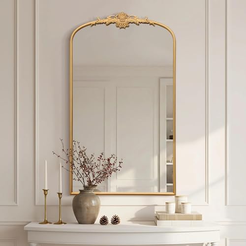 Besdomus Large Vintage Arched Mirror: 24"x42" French Arch Gleaming Gold Antique Wall Mounted Mirror - Traditional Ornate Home Decor for Entryway/Fireplace/Bathroom - Ideal for Bathroom Remodeling - color: Gleaming Gold, size: 42"L x 24"W
