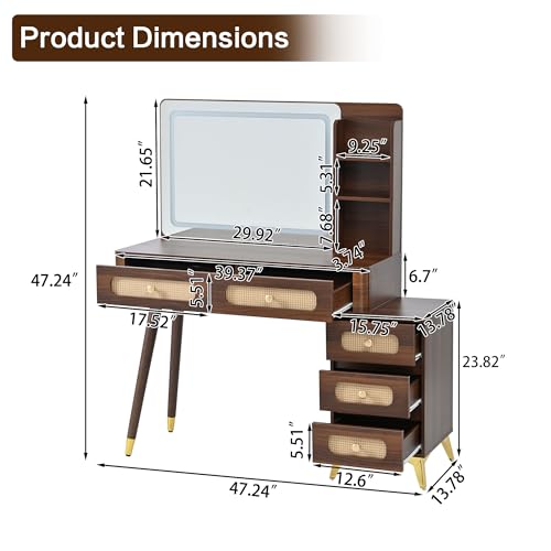 47" Rattan Vanity Table with Mirror and Lights, Brown Makeup Vanity with Storage & 5 Drawers, Boho Vanitys Desk with Shelves for Bedroom, 3 Lighting Modes, Adjustable Brightness (Dark Walnut) - color: Dark Walnut