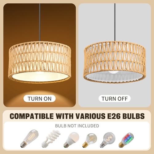 Pendant Lights, Plug in Pendant Light, Hanging Lamp, Boho Lamp, Woven Rattan Pendant Lamp Shade for Kitchen Island, Modern Farmhouse Chandelier Light Fixtures (Bohemian 2)