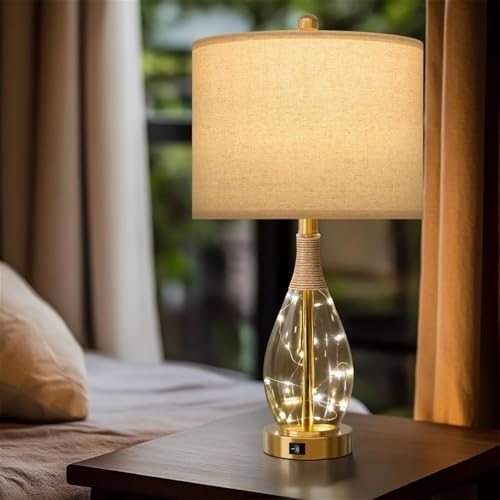 OYEARS 23" Table Lamps for Living Room Set of 2 Bedside Lamps for Night Stands Bedroom Lamps Farmhouse Rattan Boho Lamp Glass Nightlight End Table Lamp with USB C+A (Gold),Two Light Points - color: Light Gold