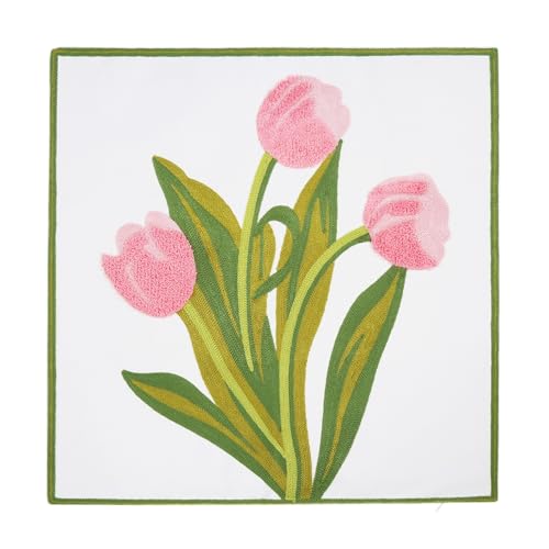Embroidery Throw Pillow Cover 18x18 Home Decor Tulip Flower Loop Embroidered Floor Pillow Cover for Couch 100% Cotton Canvas Pillow Case Floral Cushion Cover 45x45cm, Pink Tulip, 1 Piece - color: Pink Tulip