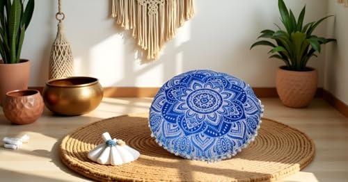 Round Mandala Floor Pillow Cover Seating Cushion Throw Cover Ottoman Pouf Cover Pom Pom Pillow Cases Hippie Decorative Bohemian Boho Indian 22 Inches (Blue White) - color: Blue White
