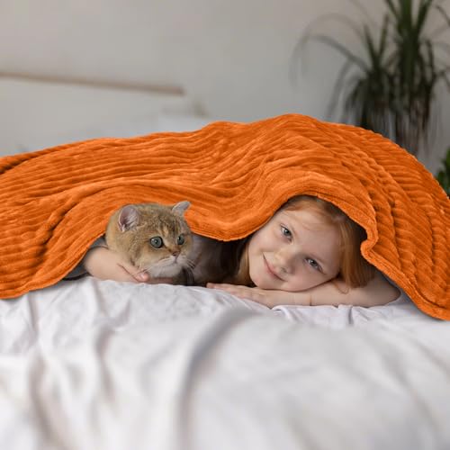 Vessia Flannel Fleece Throw Blanket, 300GSM Cozy Orange Striped Blanket for Kids and Adults, Warm and Soft Microfiber Ribbed Couch and Sofa Throw for All Season(50x40inch) - color: Burnt Orange, size: 50x40 inch